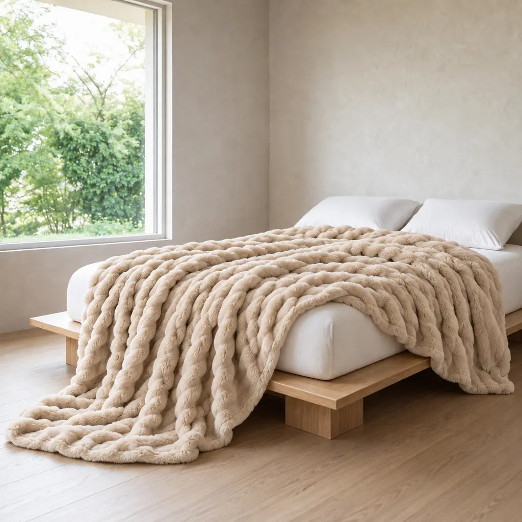 Faux Fur Throw Blanket - Ribbed Double-Sided Throw - Beige