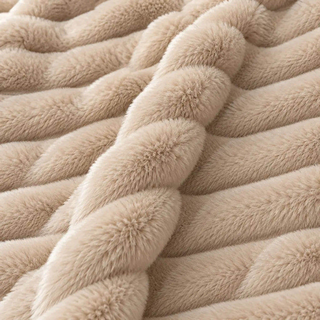 Faux Fur Throw Blanket - Ribbed Double-Sided Throw - Beige