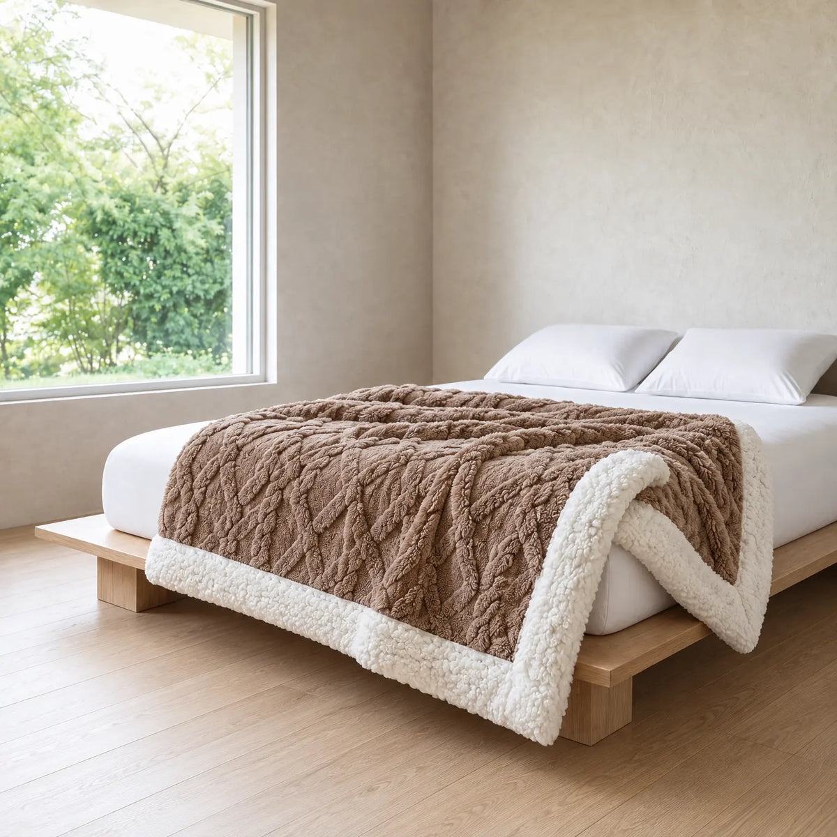 Sherpa Blanket - Textured Plush Throw with Cream Sherpa Back - Espresso