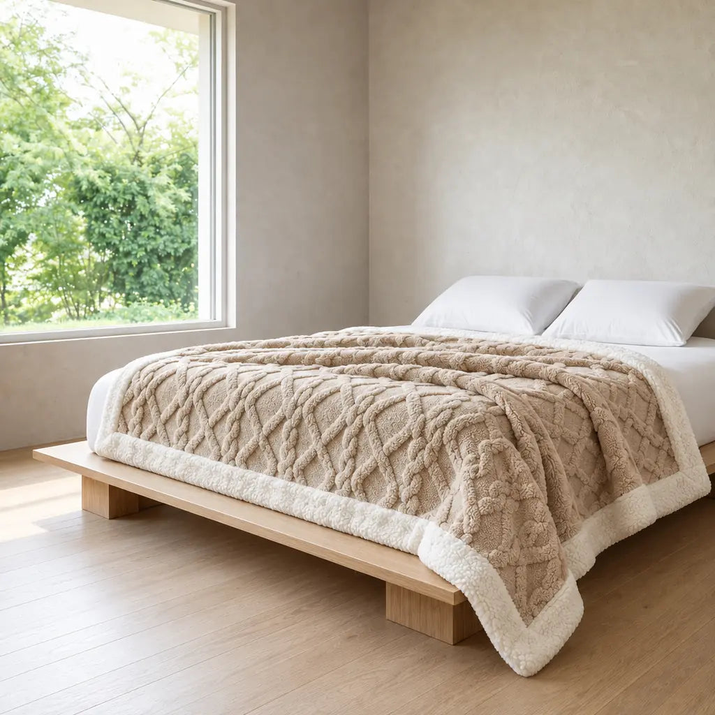 Sherpa Blanket - Textured Plush Throw with Cream Sherpa Back - Latte