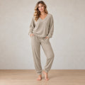 Women's Knit Set - Ribbed V-Neck Top & Cuffed Jogger Pants - Beige