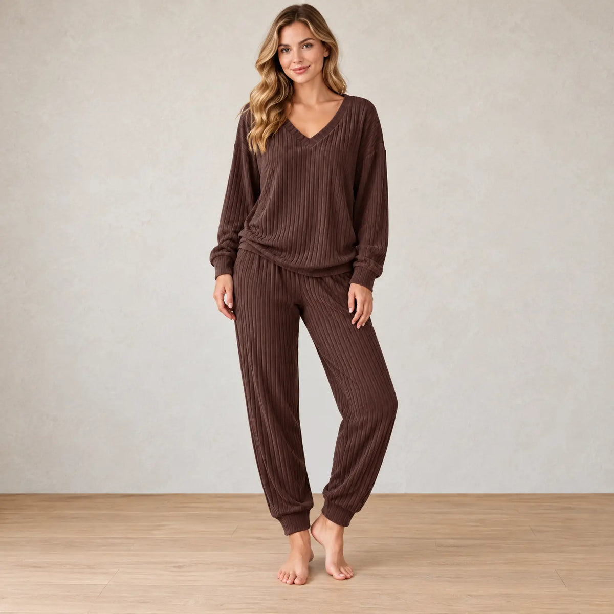 Women's Knit Set - Ribbed V-Neck Top & Cuffed Jogger Pants - Brown