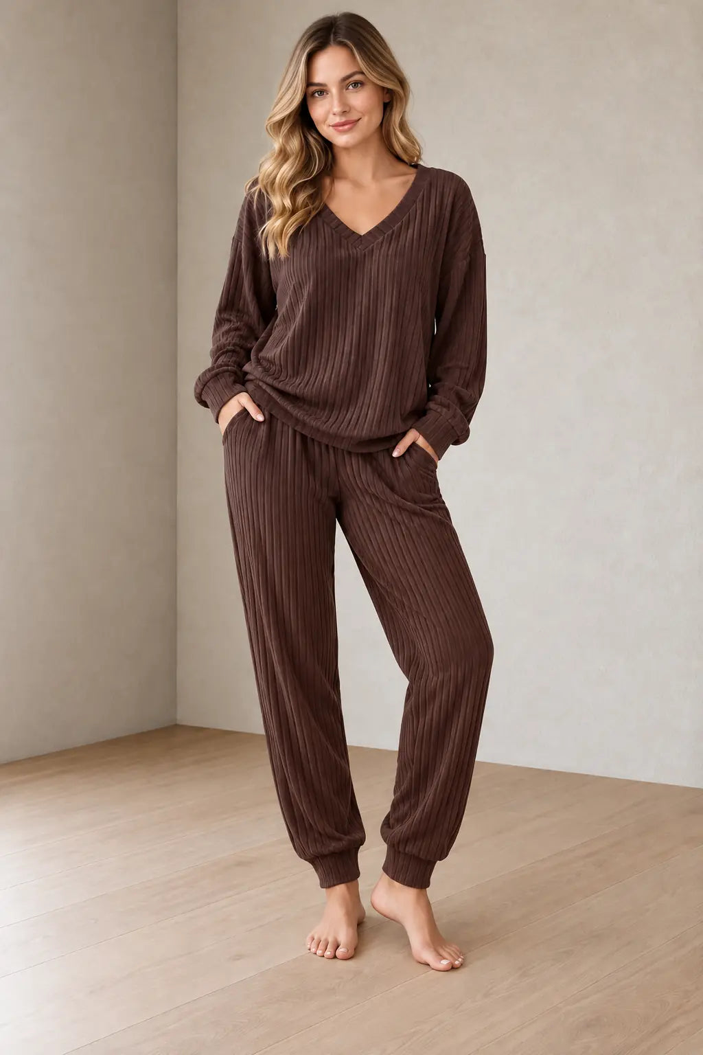 Women's Knit Set - Ribbed V-Neck Top & Cuffed Jogger Pants - Brown