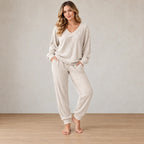 Women's Knit Set - Ribbed V-Neck Top & Cuffed Jogger Pants - White