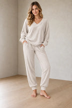 Women's Knit Set - Ribbed V-Neck Top & Cuffed Jogger Pants - White