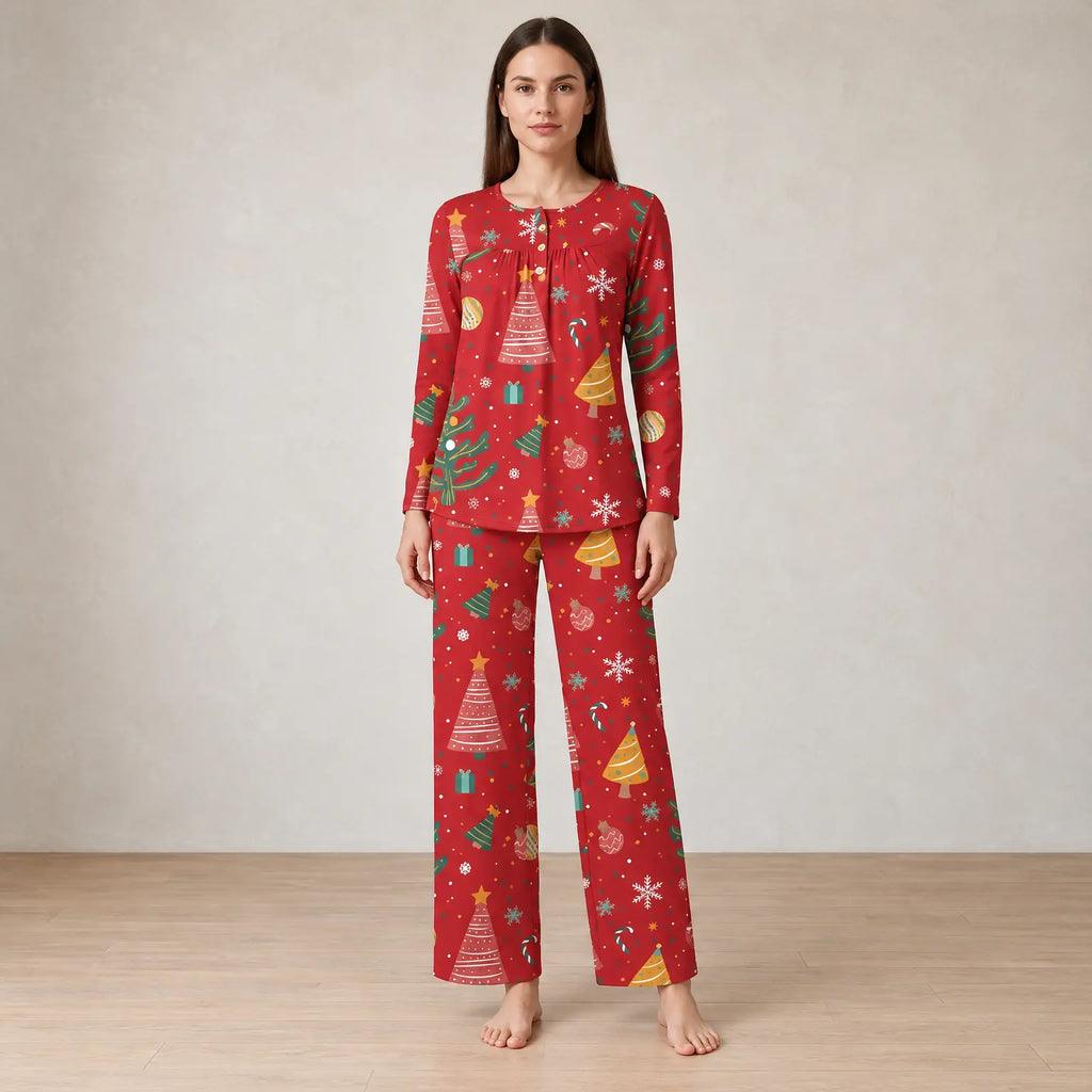 Women's Christmas Pajama Set - Holiday Print Henley Long Sleeve Top & Straight Pants - Red Gifts