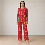 Women's Christmas Pajama Set - Holiday Print Henley Long Sleeve Top & Straight Pants - Red Gifts