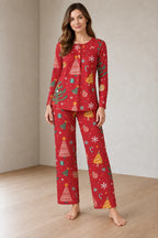 Women's Christmas Pajama Set - Holiday Print Henley Long Sleeve Top & Straight Pants - Red Gifts