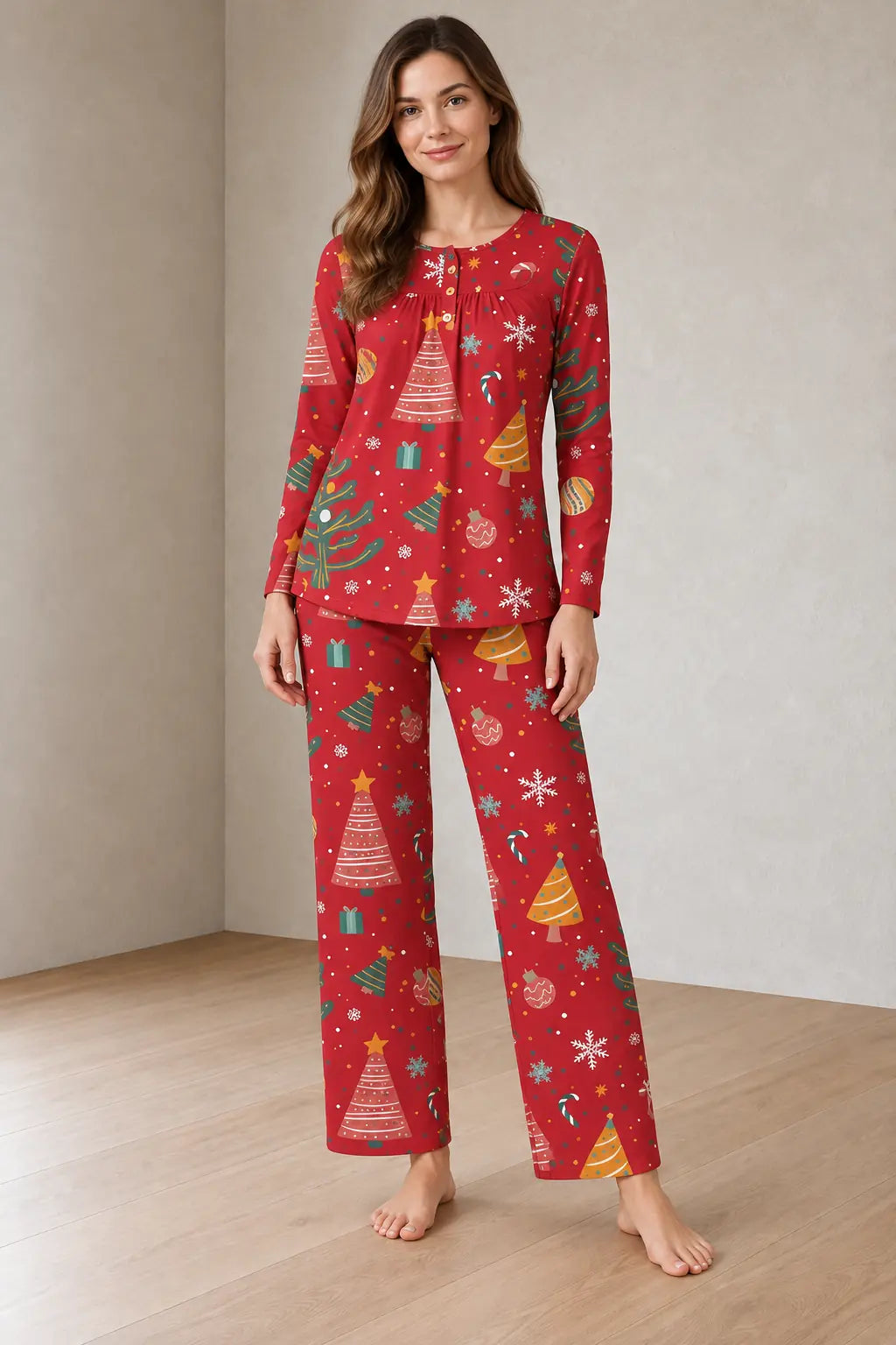 Women's Christmas Pajama Set - Holiday Print Henley Long Sleeve Top & Straight Pants - Red Gifts