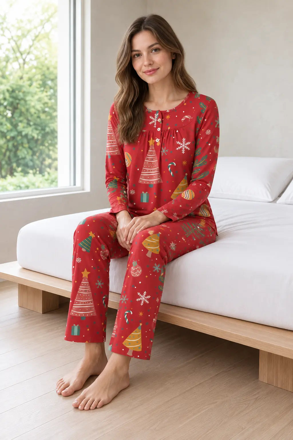 Women's Christmas Pajama Set - Holiday Print Henley Long Sleeve Top & Straight Pants - Red Gifts