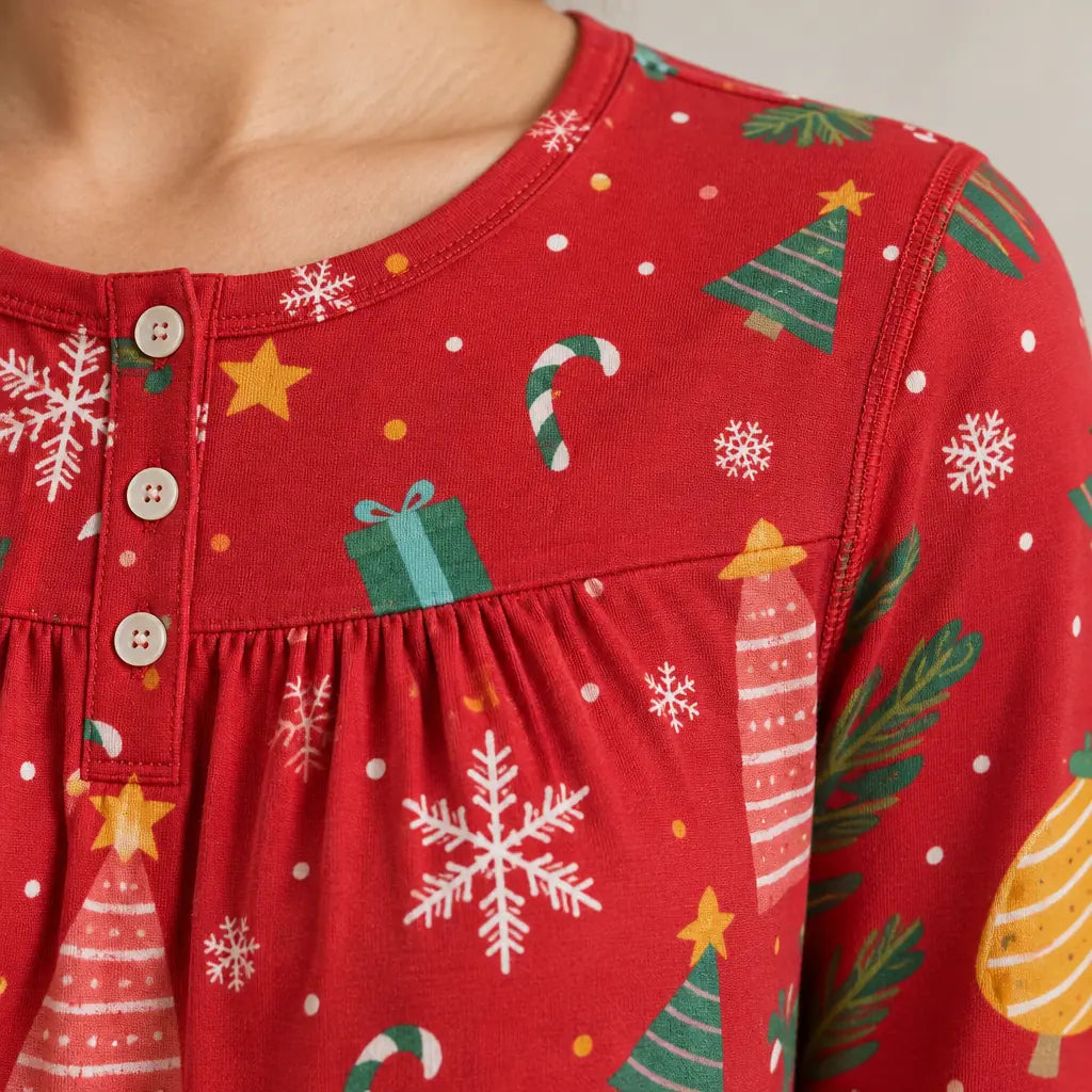 Women's Christmas Pajama Set - Holiday Print Henley Long Sleeve Top & Straight Pants - Red Gifts