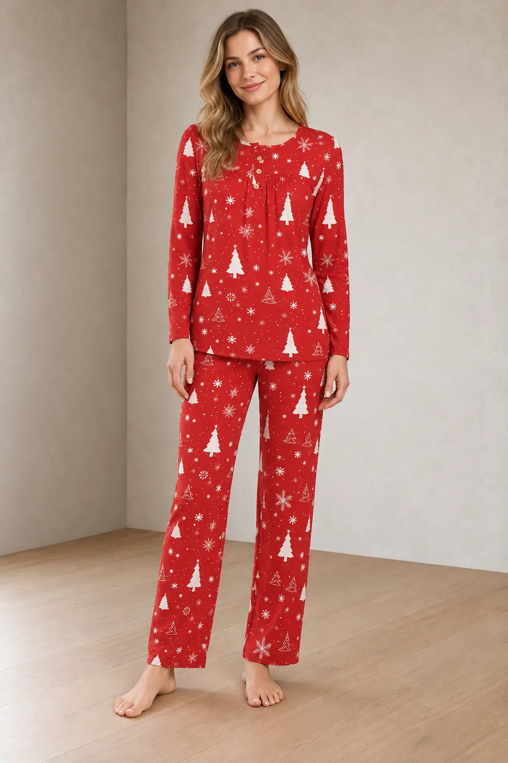 Women's Christmas Pajama Set - Holiday Print Henley Long Sleeve Top & Straight Pants - Red Snowflake Trees