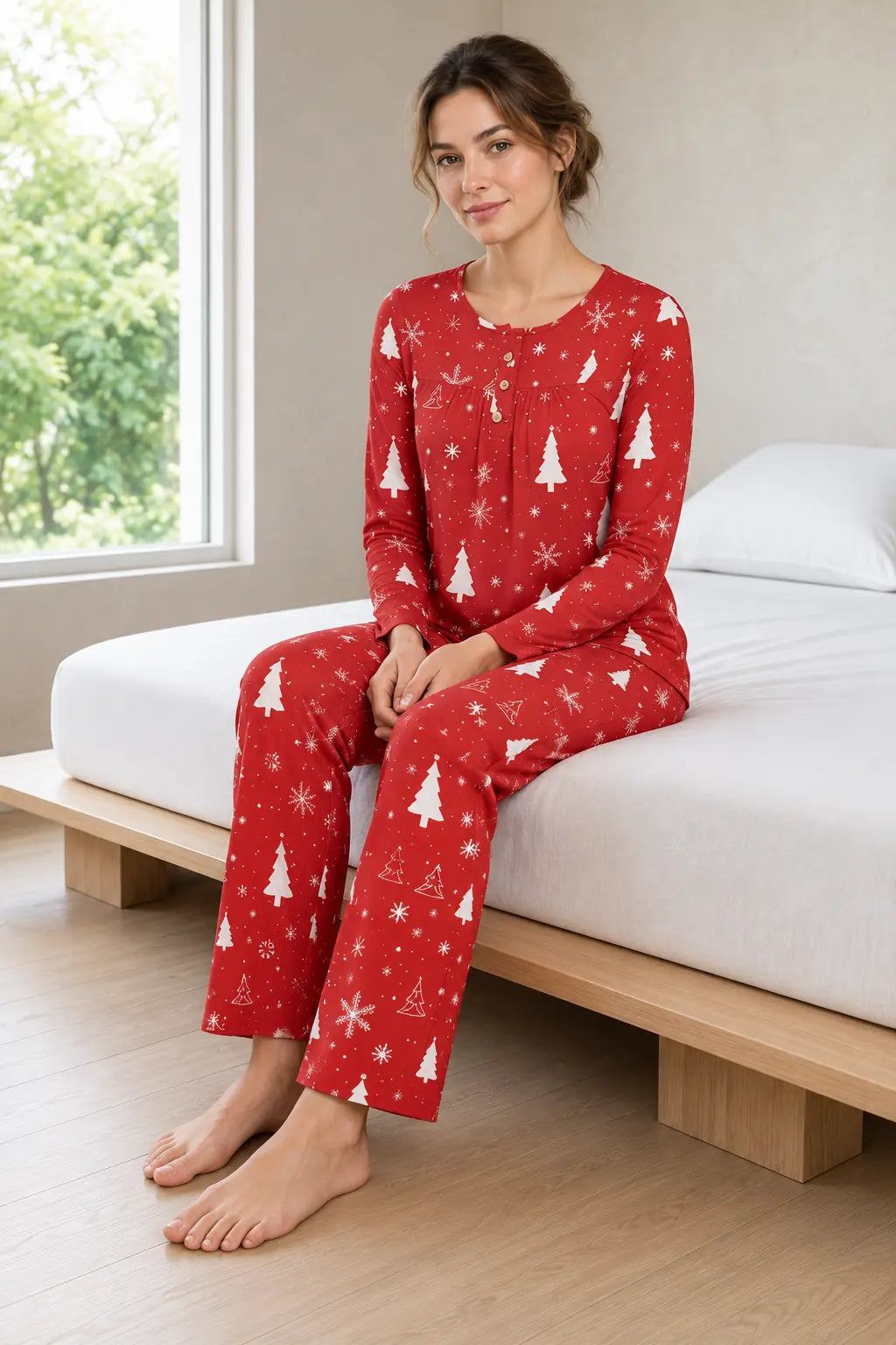 Women's Christmas Pajama Set - Holiday Print Henley Long Sleeve Top & Straight Pants - Red Snowflake Trees