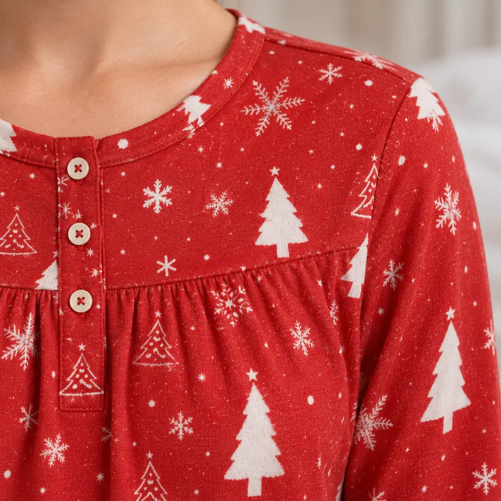 Women's Christmas Pajama Set - Holiday Print Henley Long Sleeve Top & Straight Pants - Red Snowflake Trees