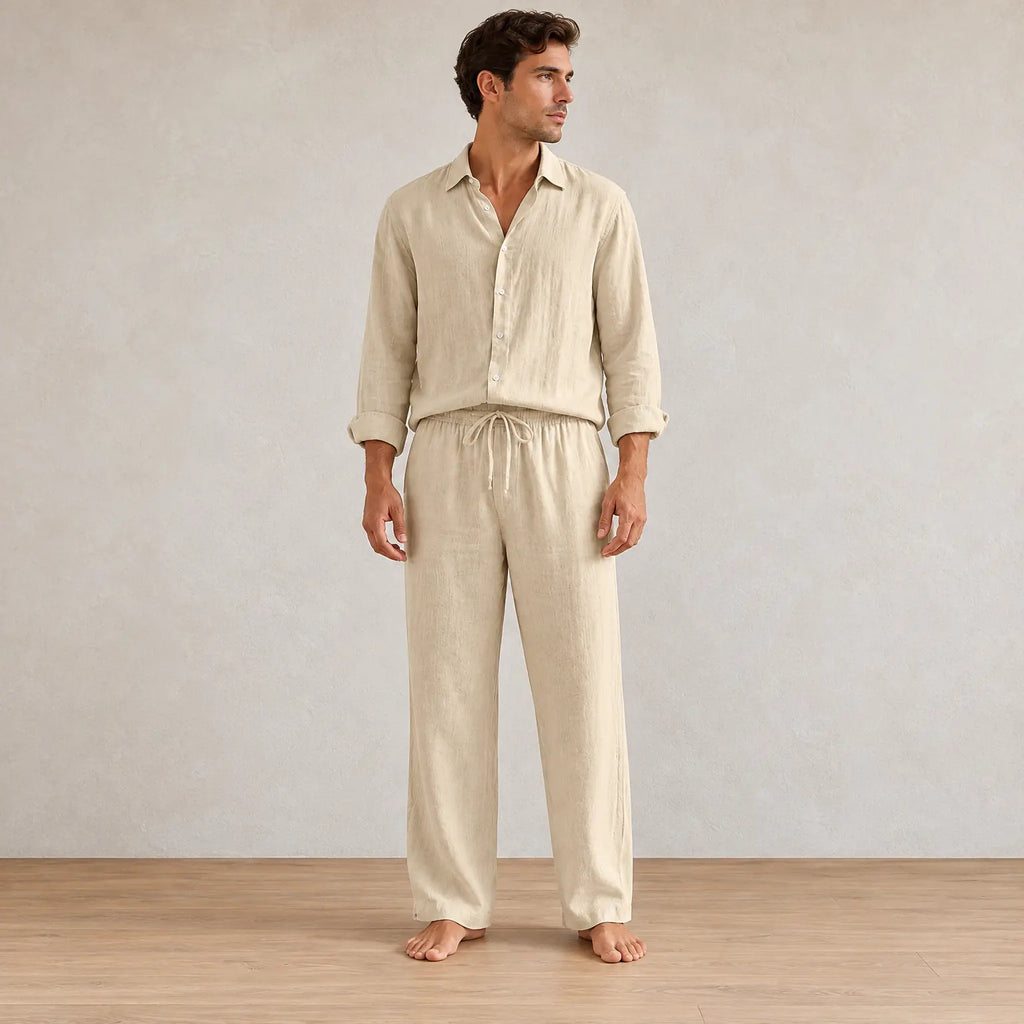 Men's Linen Set - Long Sleeve Pajama Button-Front Shirt & Drawstring Pants - Khaki
