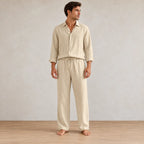 Men's Linen Set - Long Sleeve Pajama Button-Front Shirt & Drawstring Pants - Khaki