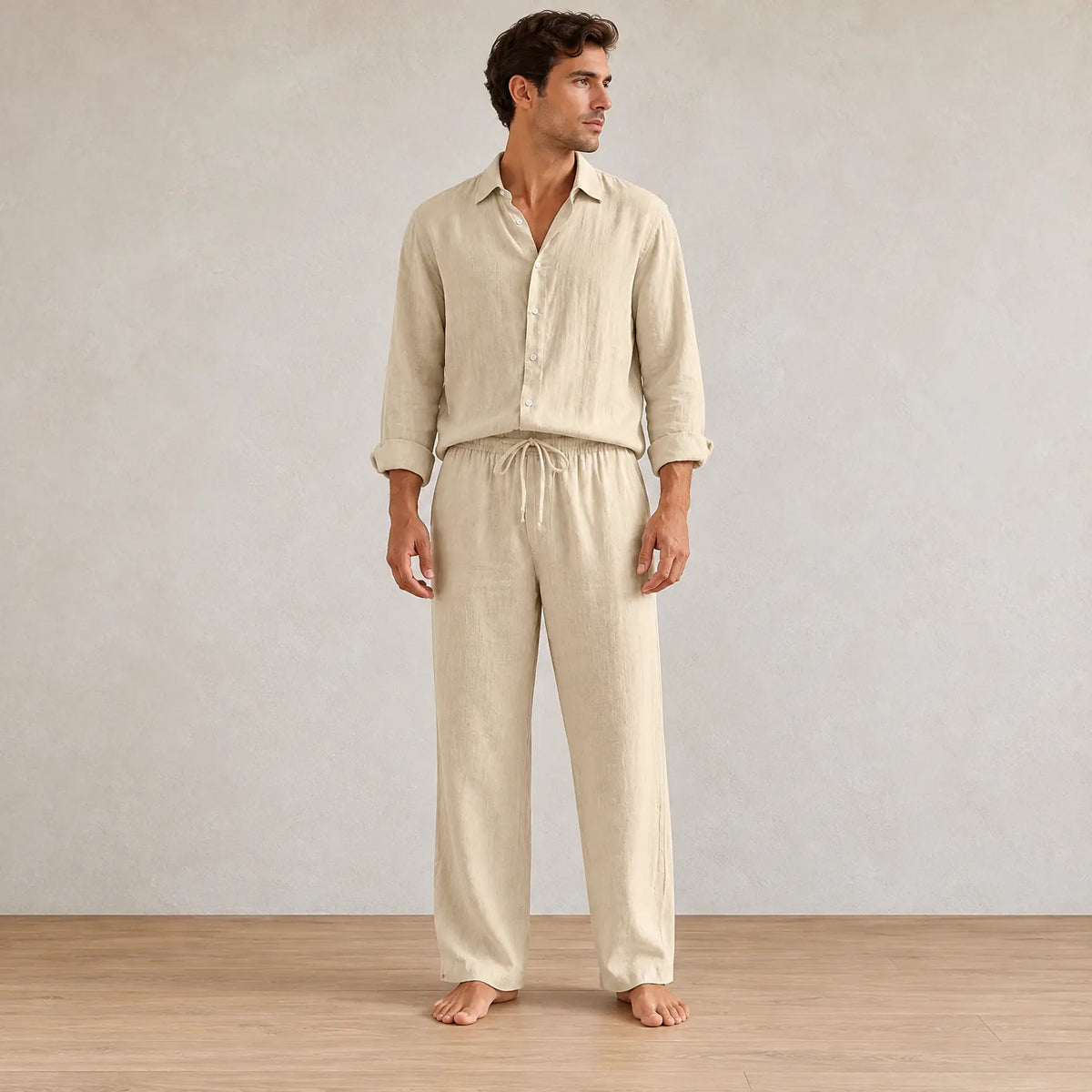 Men's Linen Set - Long Sleeve Pajama Button-Front Shirt & Drawstring Pants - Khaki