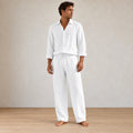 Men's Linen Set - Long Sleeve Pajama Button-Front Shirt & Drawstring Pants - White