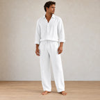 Men's Linen Set - Long Sleeve Pajama Button-Front Shirt & Drawstring Pants - White