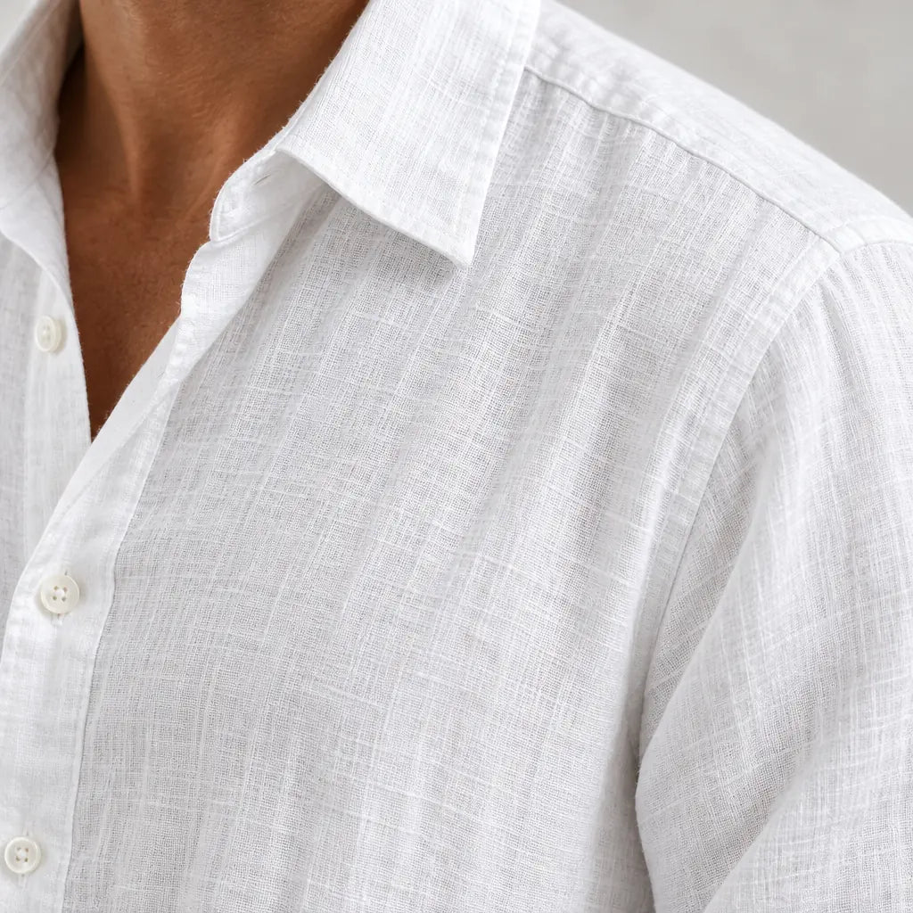 Men's Linen Set - Long Sleeve Pajama Button-Front Shirt & Drawstring Pants - White