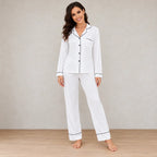 Women's Pajama Set - Notch Collar Button-Front Long Sleeve Top with Contrast Piping & Pants - White