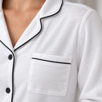 Women's Pajama Set - Notch Collar Button-Front Long Sleeve Top with Contrast Piping & Pants - White