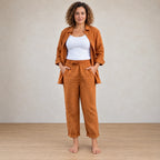 Women's Linen Set - Button-Down Shirt & Drawstring Tapered Pants with Rolled Hem - Brown