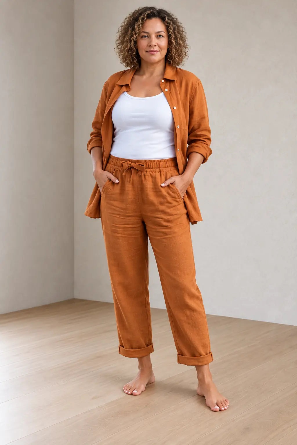 Women's Linen Set - Button-Down Shirt & Drawstring Tapered Pants with Rolled Hem - Brown