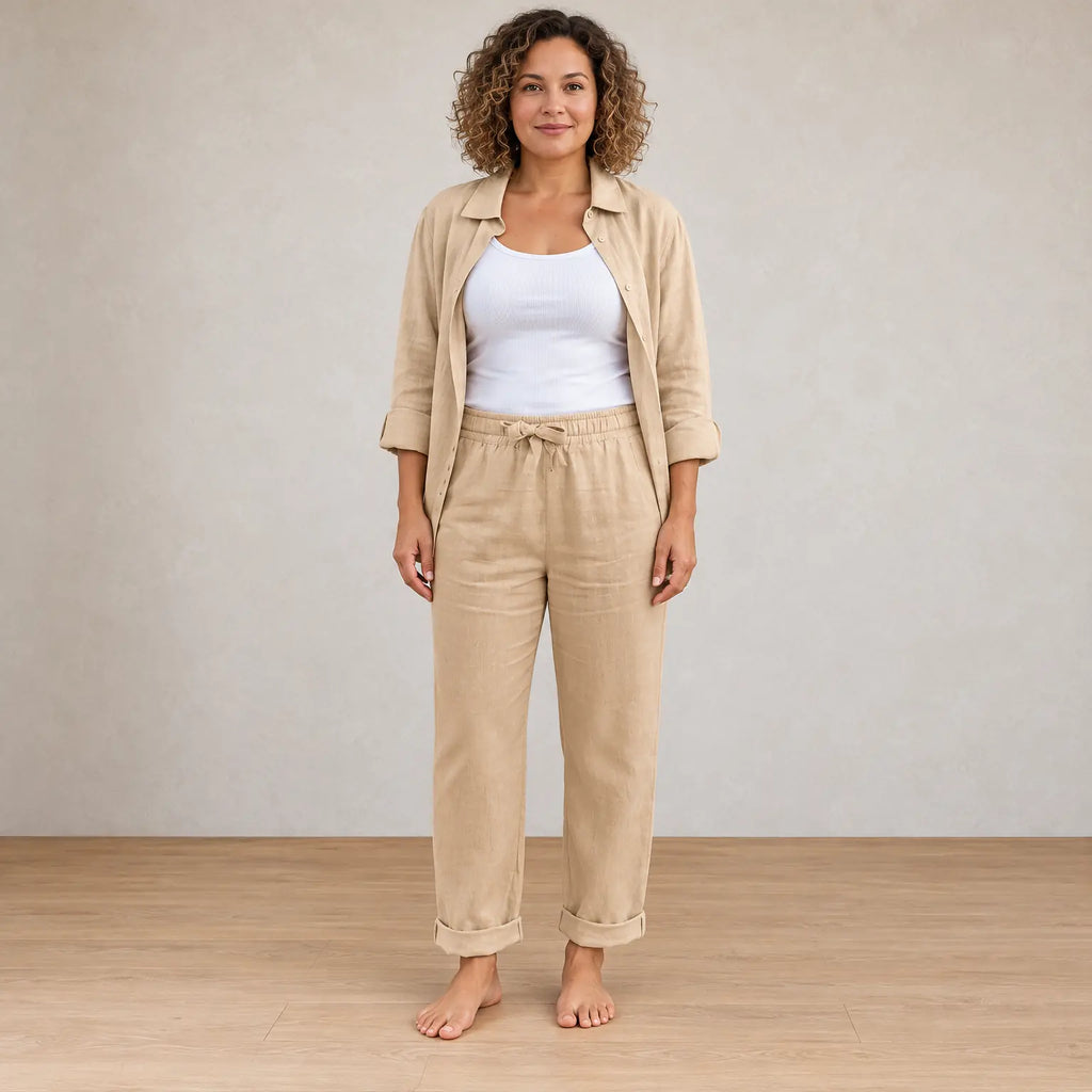 Women's Linen Set - Button-Down Shirt & Drawstring Tapered Pants with Rolled Hem - Khaki