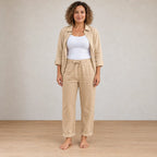 Women's Linen Set - Button-Down Shirt & Drawstring Tapered Pants with Rolled Hem - Khaki