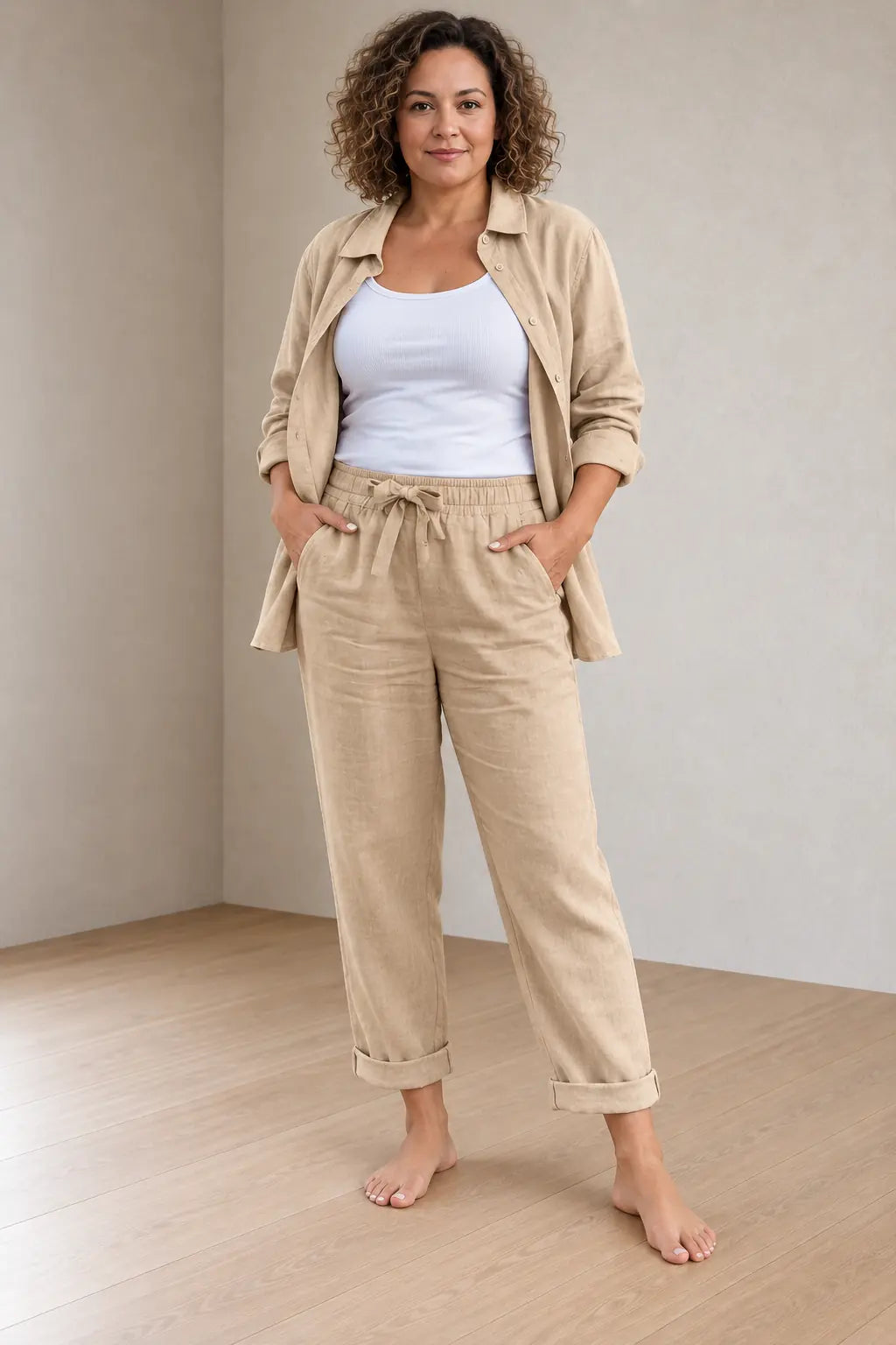 Women's Linen Set - Button-Down Shirt & Drawstring Tapered Pants with Rolled Hem - Khaki