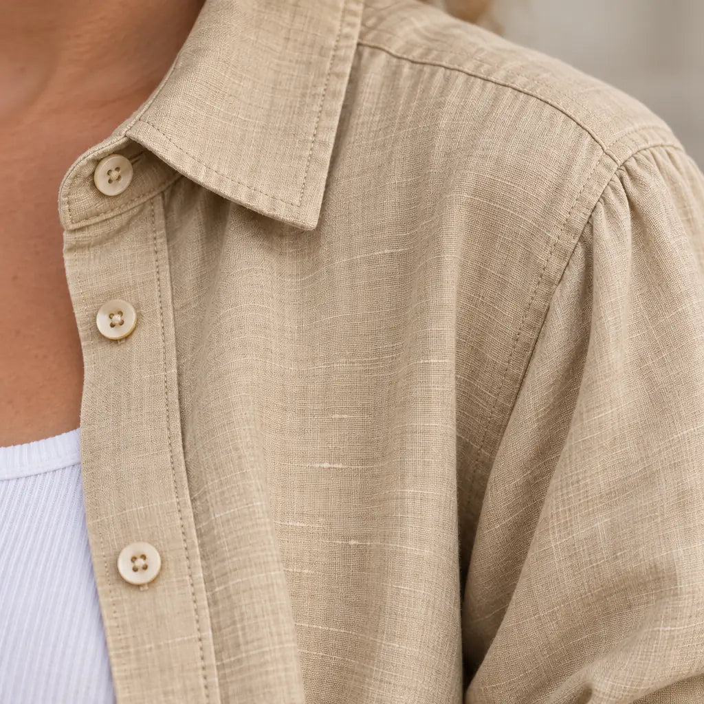Women's Linen Set - Button-Down Shirt & Drawstring Tapered Pants with Rolled Hem - Khaki