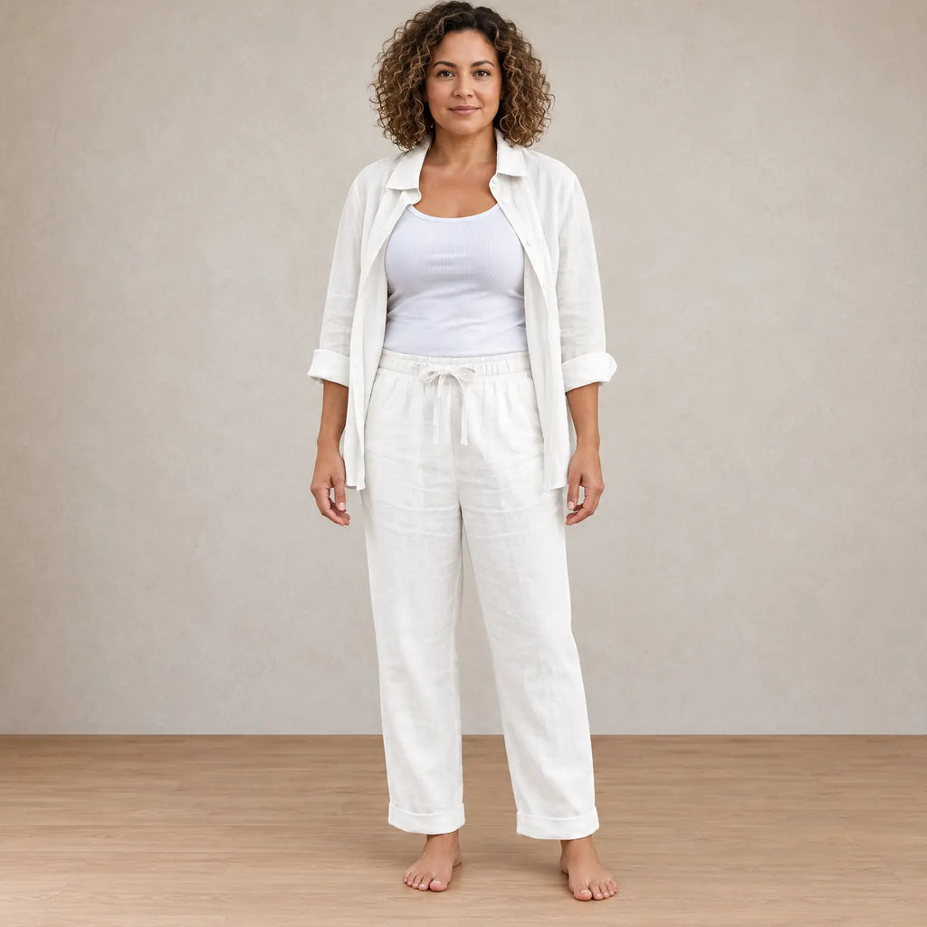 Women's Linen Set - Button-Down Shirt & Drawstring Tapered Pants with Rolled Hem - White