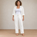 Women's Linen Set - Button-Down Shirt & Drawstring Tapered Pants with Rolled Hem - White