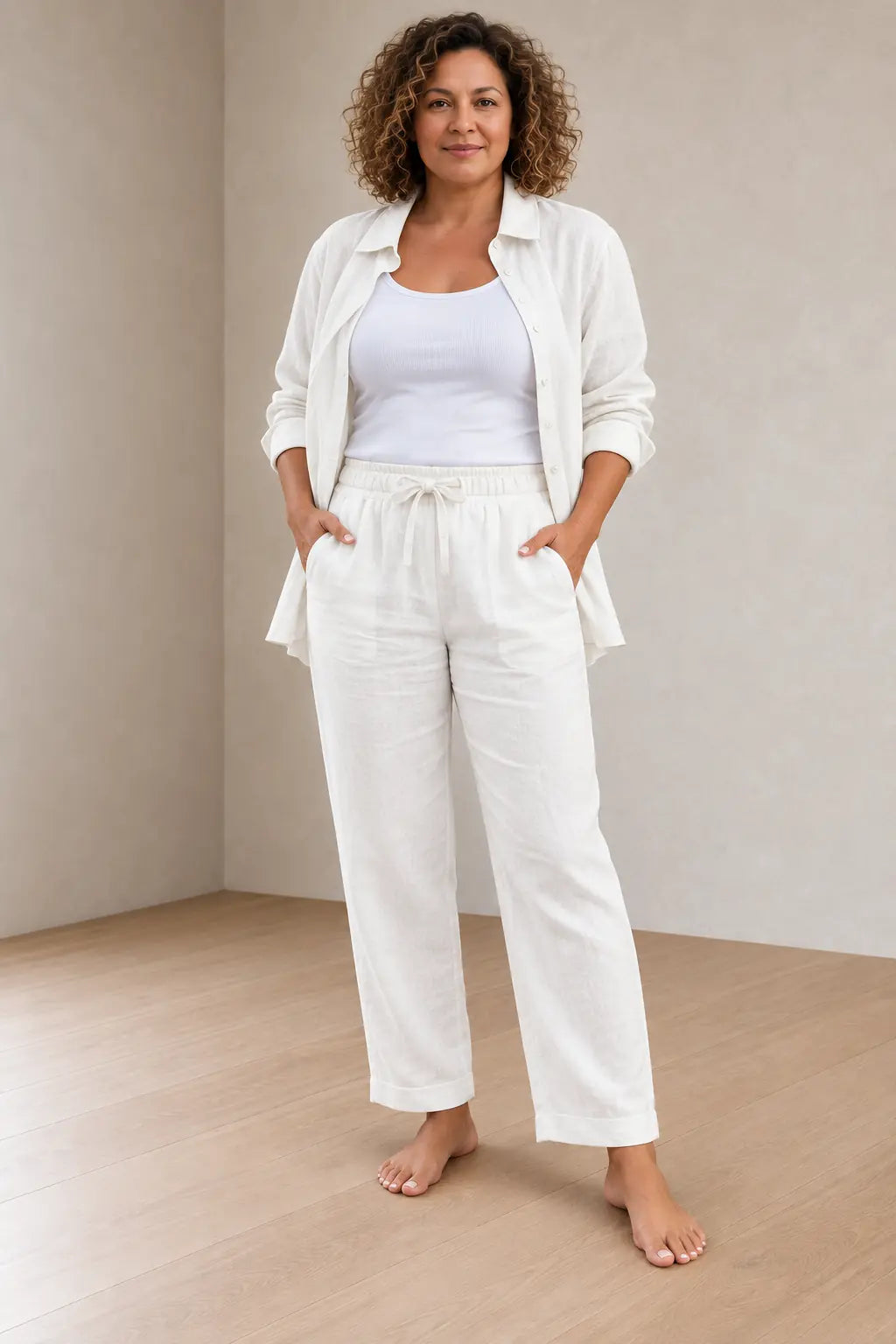Women's Linen Set - Button-Down Shirt & Drawstring Tapered Pants with Rolled Hem - White