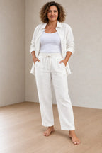 Women's Linen Set - Button-Down Shirt & Drawstring Tapered Pants with Rolled Hem - White