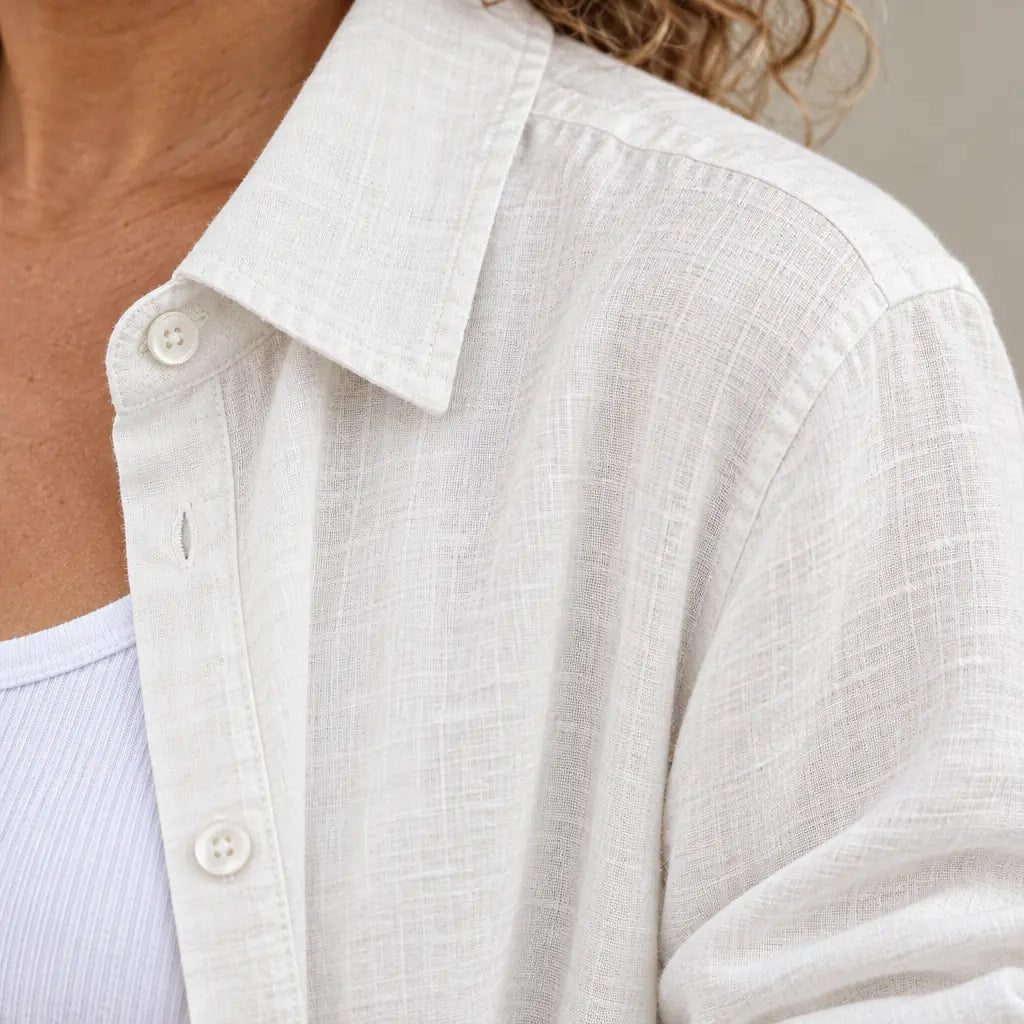 Women's Linen Set - Button-Down Shirt & Drawstring Tapered Pants with Rolled Hem - White