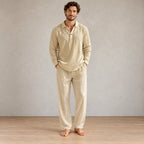 Men's Linen Set - Collared Half-Button Pajama Shirt & Elastic Waist Lounge Pants - Khaki