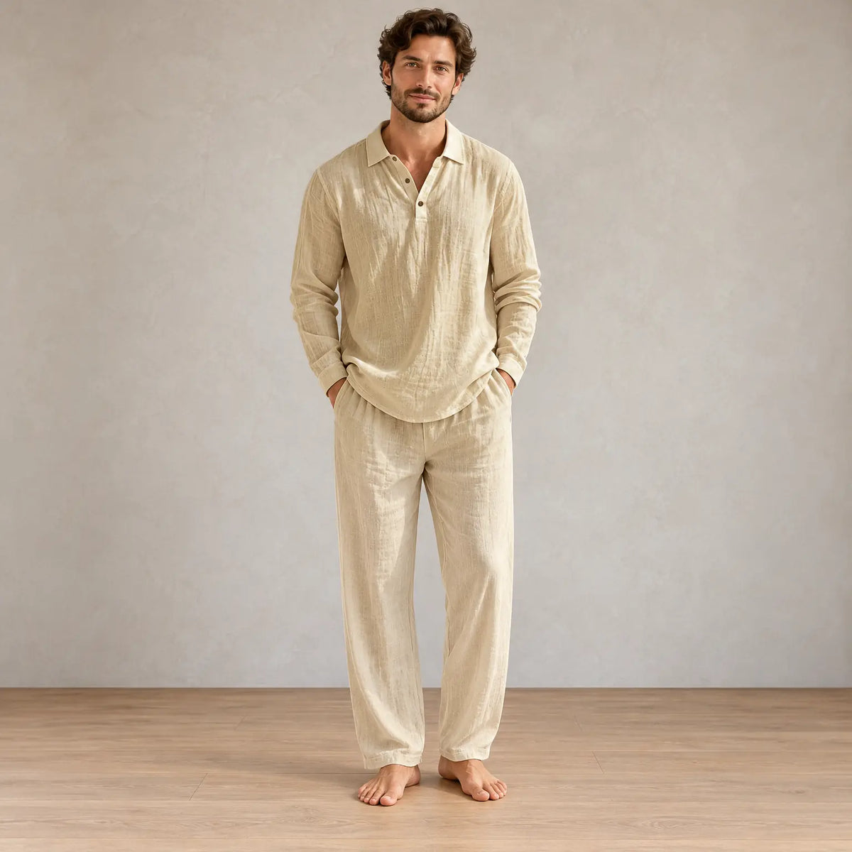 Men's Linen Set - Collared Half-Button Pajama Shirt & Elastic Waist Lounge Pants - Khaki