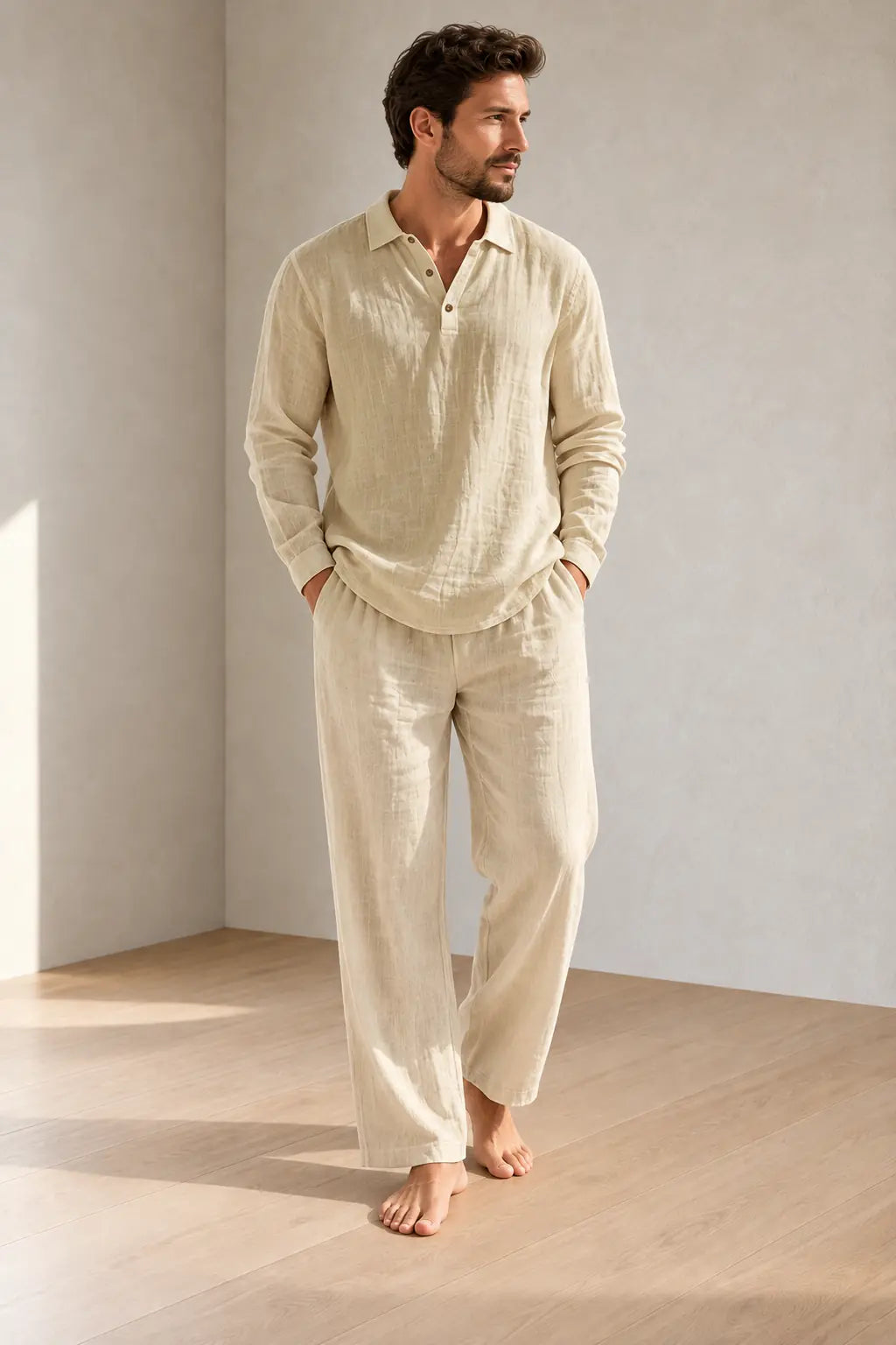 Men's Linen Set - Collared Half-Button Pajama Shirt & Elastic Waist Lounge Pants - Khaki