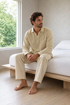 Men's Linen Set - Collared Half-Button Pajama Shirt & Elastic Waist Lounge Pants - Khaki