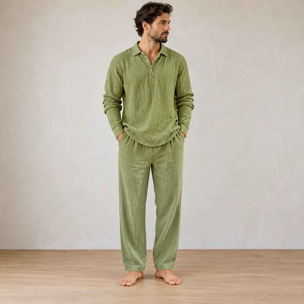 Men's Linen Set - Collared Half-Button Pajama Shirt & Elastic Waist Lounge Pants - Olive Green