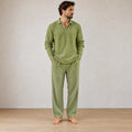 Men's Linen Set - Collared Half-Button Pajama Shirt & Elastic Waist Lounge Pants - Olive Green