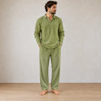 Men's Linen Set - Collared Half-Button Pajama Shirt & Elastic Waist Lounge Pants - Olive Green