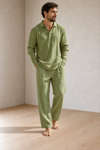 Men's Linen Set - Collared Half-Button Pajama Shirt & Elastic Waist Lounge Pants - Olive Green