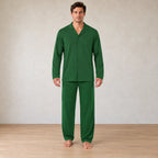 Men's Pajama Set - Notch Collar Button-Front Long Sleeve Shirt & Pants with Pockets - Green