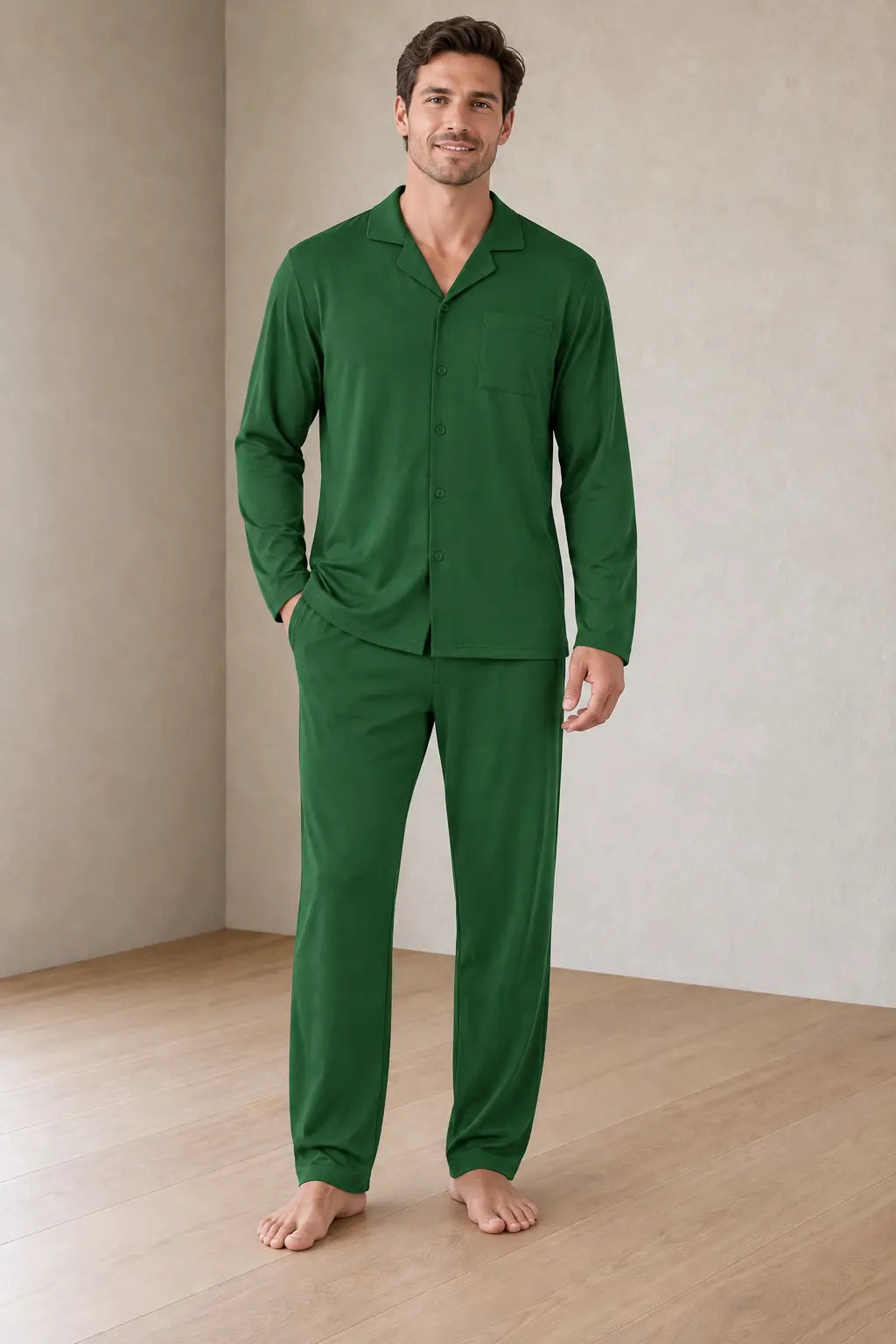 Men's Pajama Set - Notch Collar Button-Front Long Sleeve Shirt & Pants with Pockets - Green