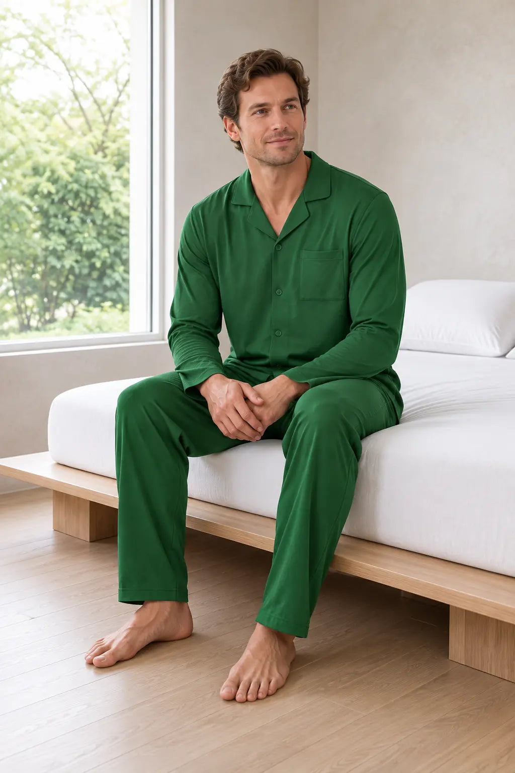 Men's Pajama Set - Notch Collar Button-Front Long Sleeve Shirt & Pants with Pockets - Green
