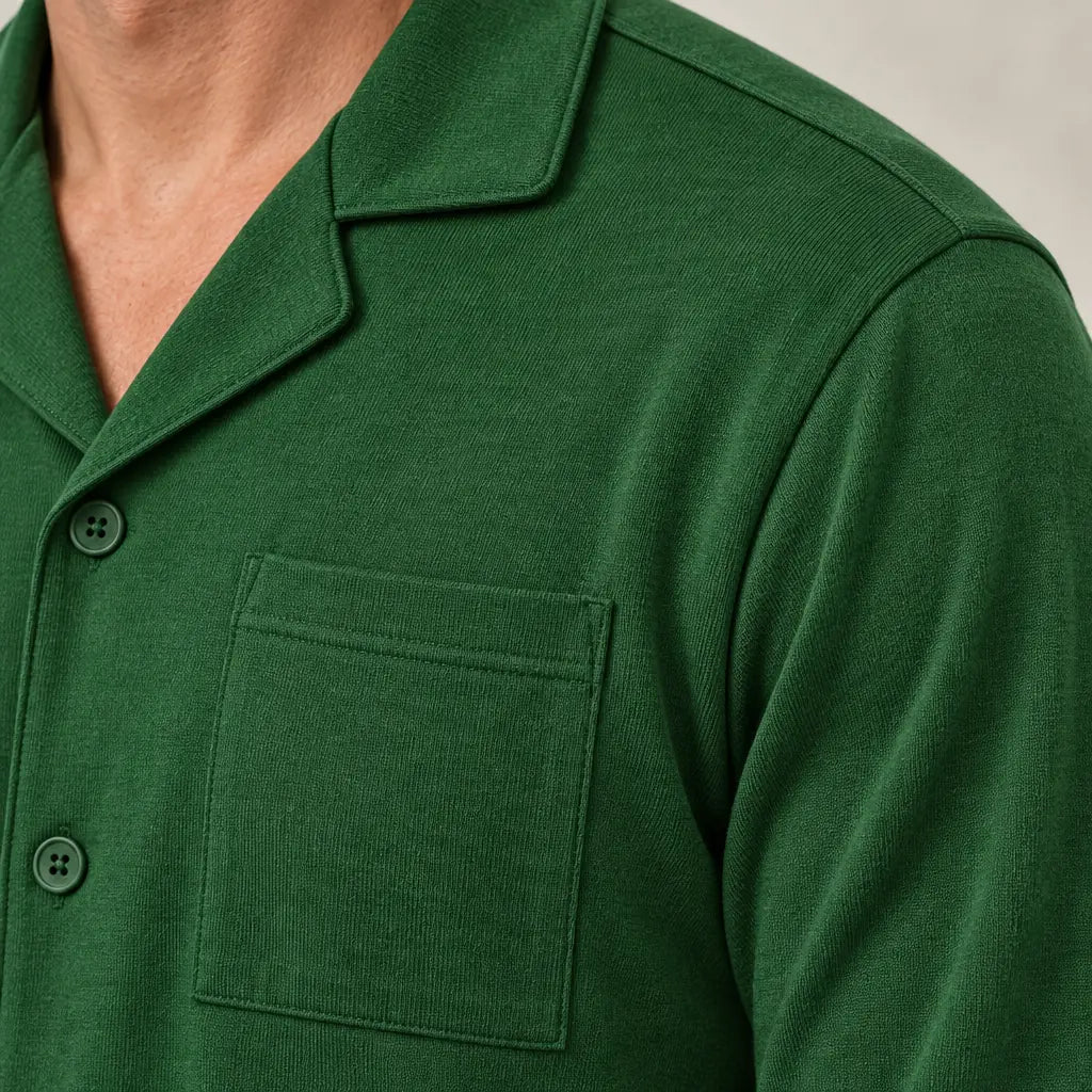 Men's Pajama Set - Notch Collar Button-Front Long Sleeve Shirt & Pants with Pockets - Green