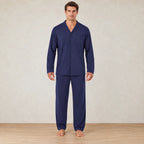 Men's Pajama Set - Notch Collar Button-Front Long Sleeve Shirt & Pants with Pockets - Navy Blue
